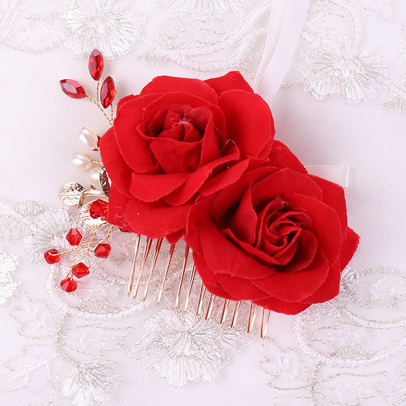 Picture of Bridal Headdress Red Flower Rhinestone Hair Comb Hand-Beaded Comb Head Flower Rose Toast Clothing Headdress Wholesale