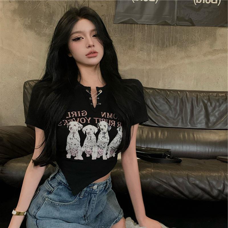Cross-border women's clothing wholesale 2023 new top printed short sleeve T-shirt women's summer irregular hot girls short slim fit