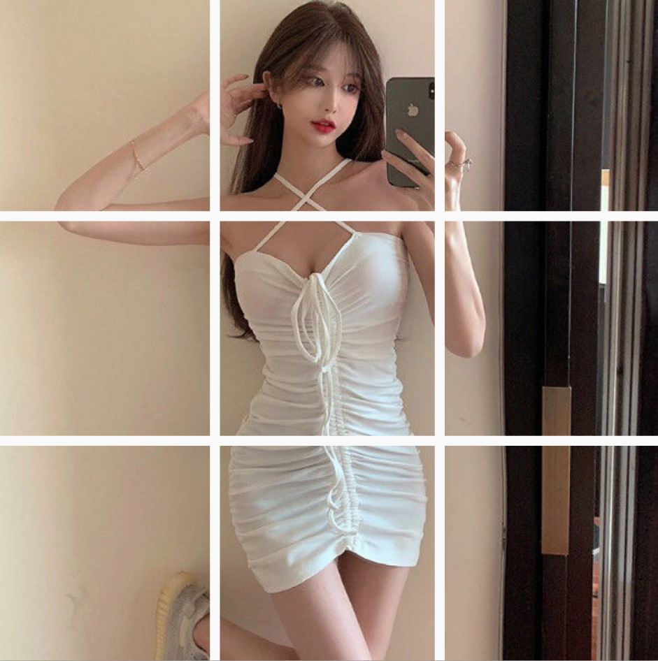 French Retro Neck Hanging Strap Dress Summer Tight Waist Hip Skirt Women's 8350 Cross Lace-up Black and White Skirt