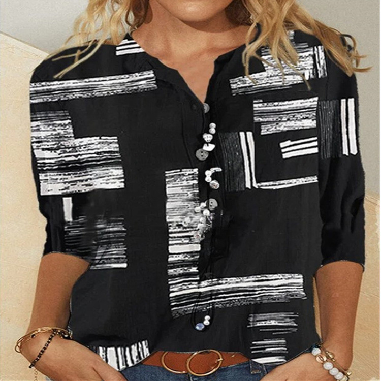 Picture of 2021 Amazon New Fashion Women's Elegant Quarter Sleeve Printed V Neck Loose Plus Size Top Shirt