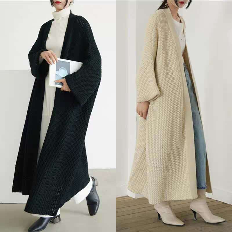 2025 Autumn and Winter Loose Long Knitted Cardigan Lazy Style over the Knee Thick Thread Fat mm Large Size Sweater Jacket for Women
