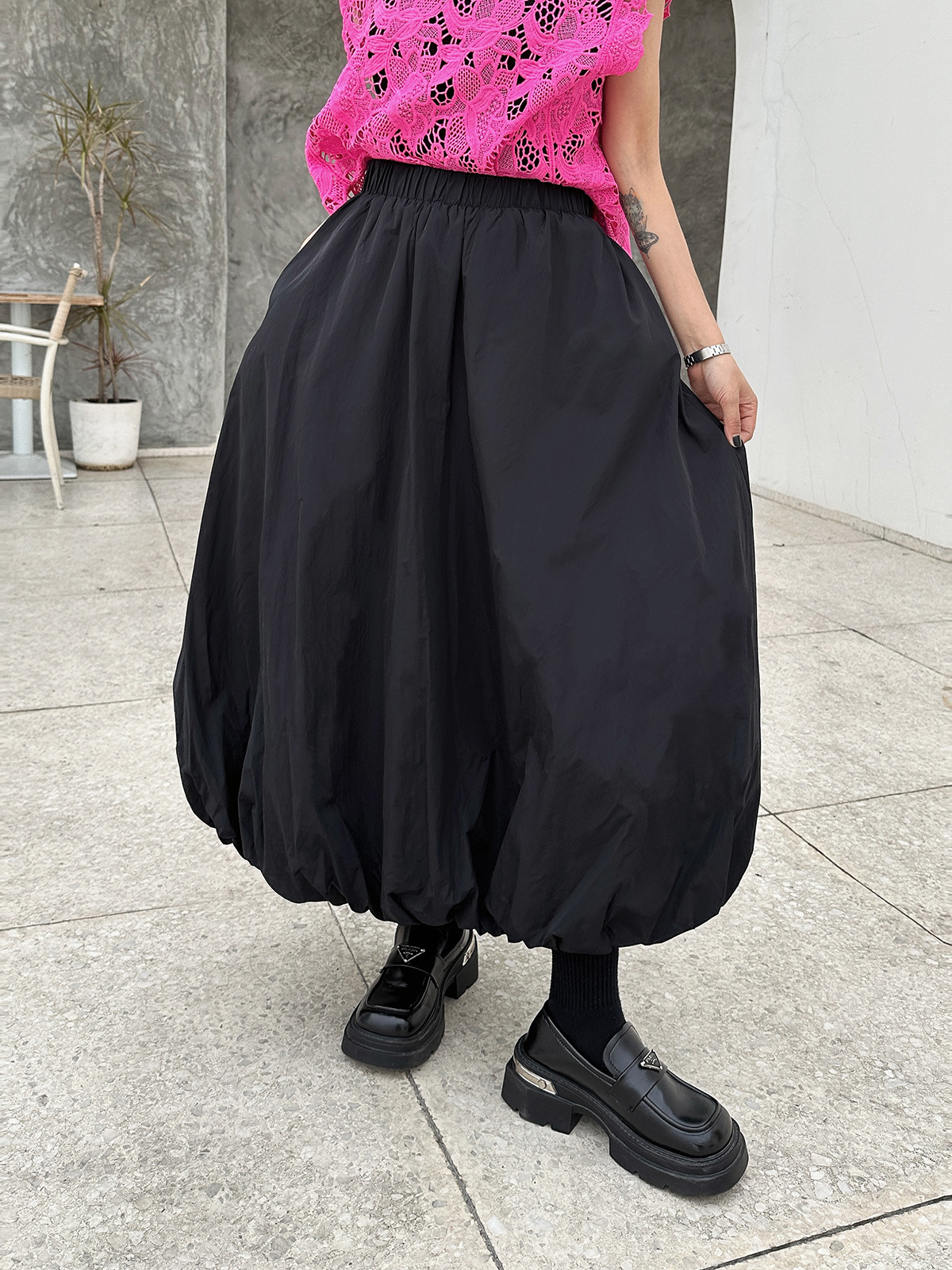 250415 Solid Color Flower Bud High Waist Skirt 2025 New Summer Mid-length A- line Umbrella Skirt Design Lantern Skirt