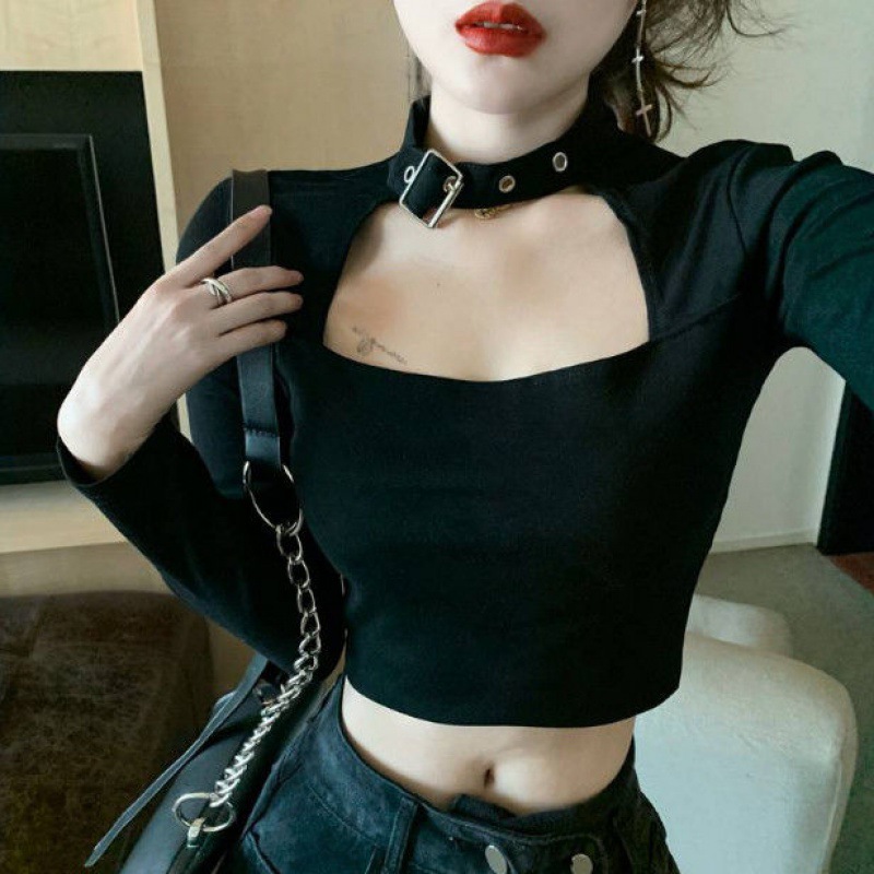 Sexy Hanging Neck Hollow-out Chest-revealing Top Long-sleeved T-shirt Women's Tight-fitting and Tight-fitting Base-layer Shirt with Navel-exposed Short Trendy