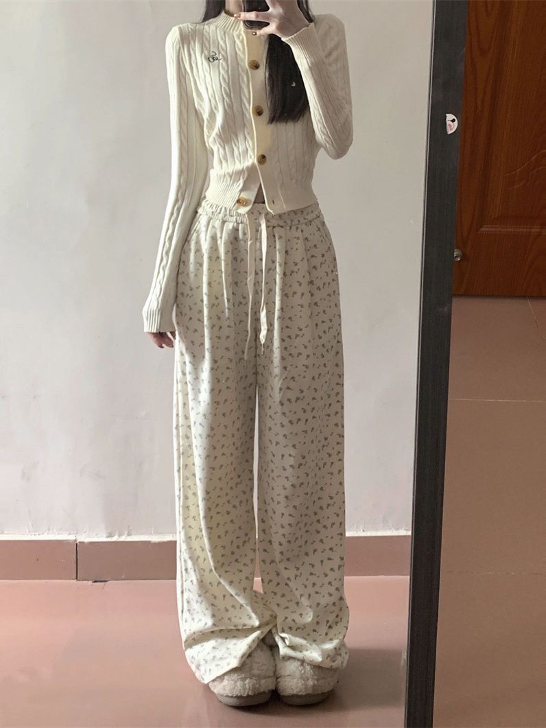 Cross-border Spring and Autumn New Japanese Niche Floral Elasto High Waist Slimming Wide Leg Pants Women's plus size Sweatpants Trousers