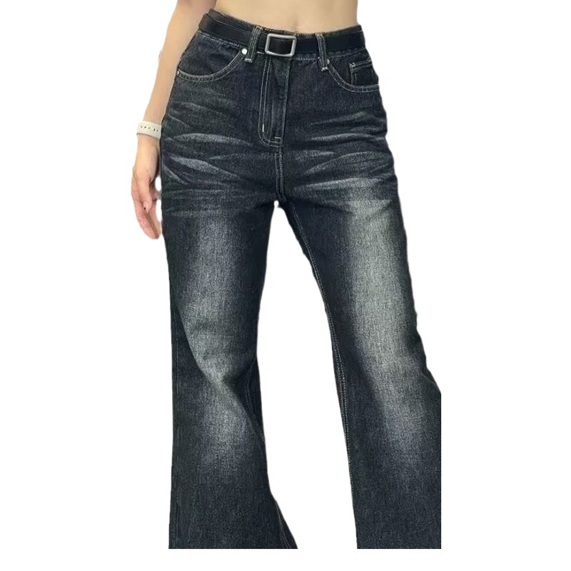 American Retro Distressed Blue Jeans for Women, New Autumn High-Waisted Versatile Slimming Loose Wide-Leg Floor-Length Pants