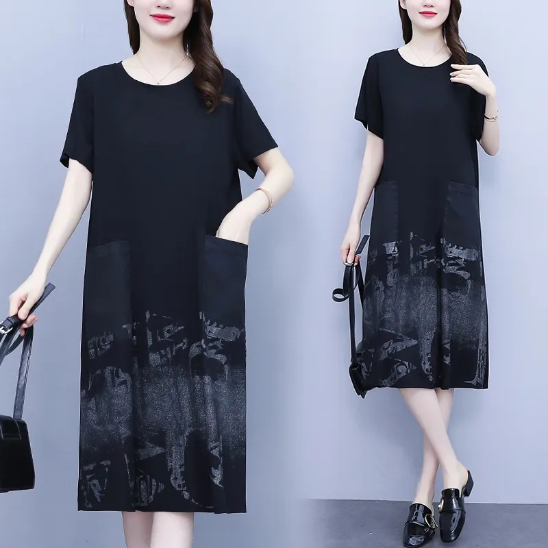 Short-sleeved dress women's summer latest Western-style age-reducing women's clothing for plump girls loose belly-covering pocket casual skirt