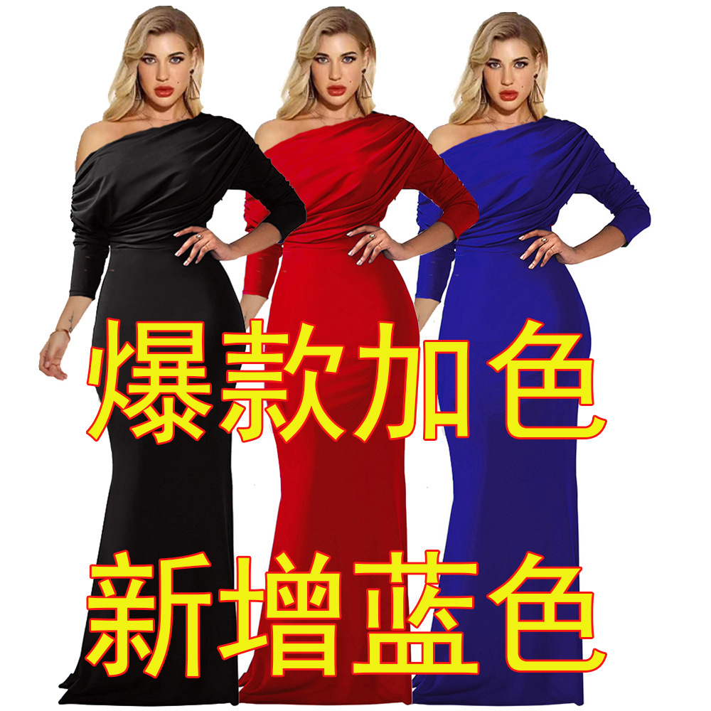 AliExpress wish Amazon foreign trade new women's European and American pleated dress evening dress long sleeve dress