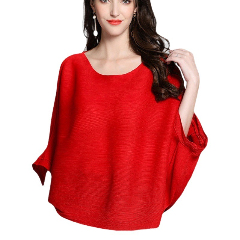 European Station 2025 Summer New Style Pure Color Fashion Elegant Miyake Pleated Bat Sleeve Top Loose Pleated T-Shirt