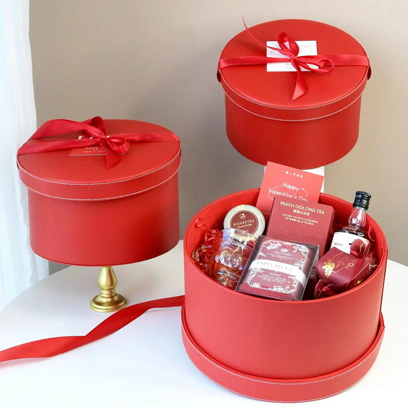 Red leather round lid hug bucket gift box tea set birthday surprise gift wedding gift gift candy box