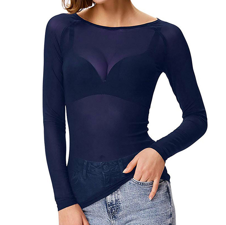 Picture of Autumn 2023 Black Transparent Mesh Base Shirt Women's Long-sleeved Sexy Perspective Thin Mesh Shirt Super-stretch Shirt