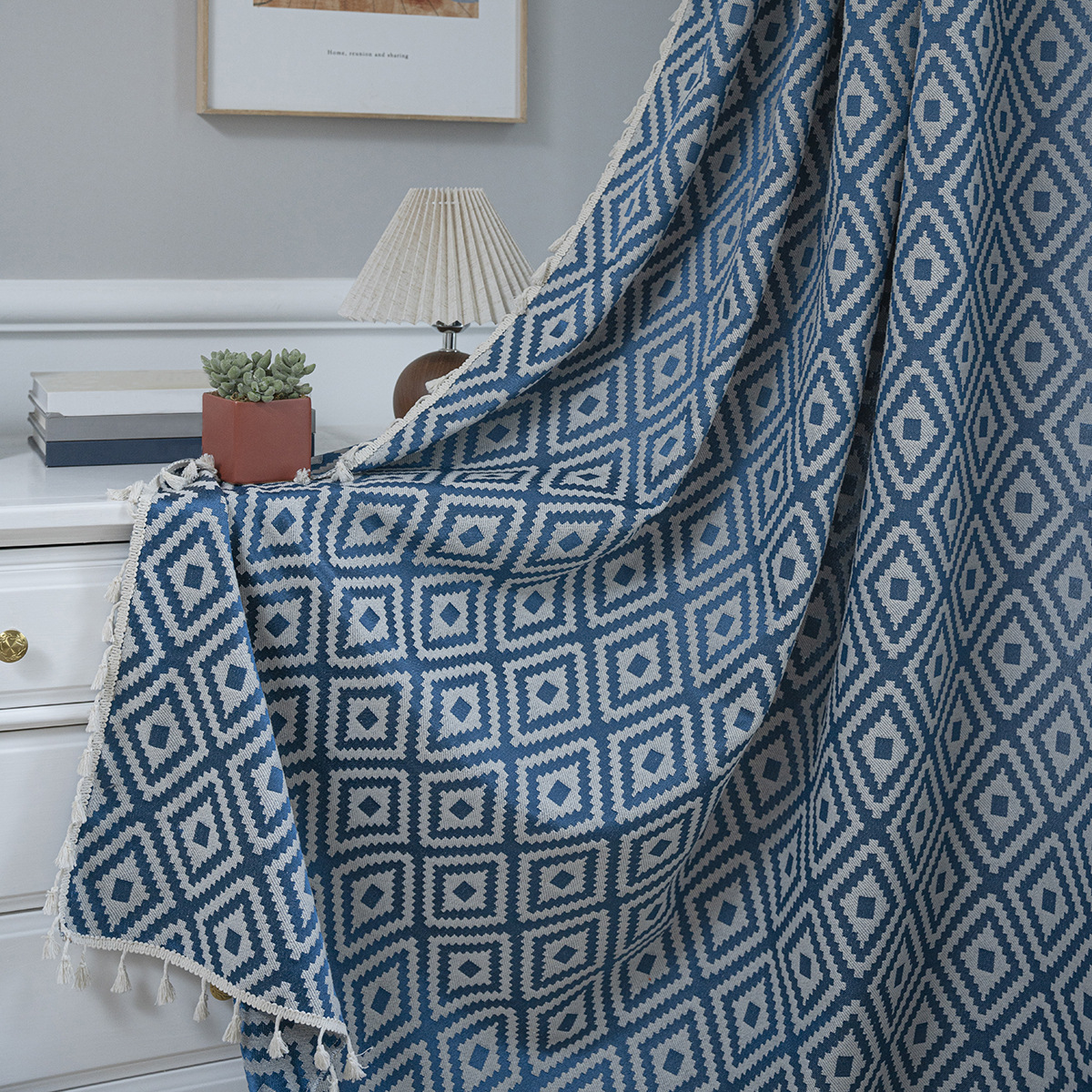 Yuman Qiyun Curtain Finished Striped Embroidered Green Solid Color Contrast Kitchen Curtain Country Style Semi-Shaded Bay Window