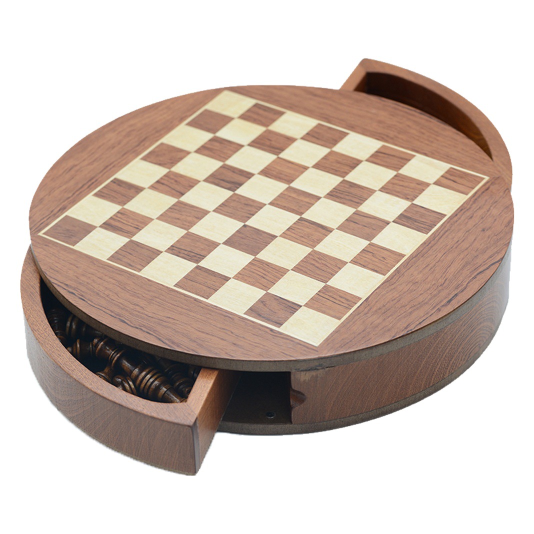 Wooden Chess Magnetic Puzzle Chess Game Table Toy Round Rotatable Drawer Chess Piece Storage