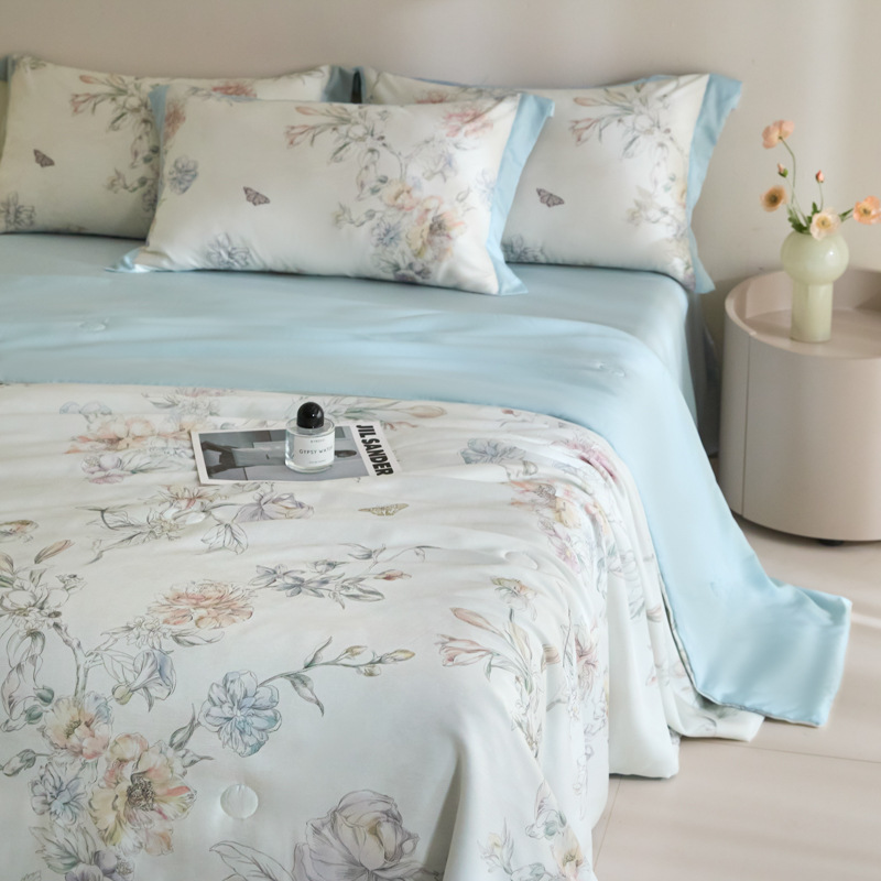 Picture of Super Cool Lenzing Tencel Summer Cool Quilt Four-Piece Set A-Type Pink Floral Ice Silk Air-Conditioned Quilt Thin Quilt Machine Washable 4