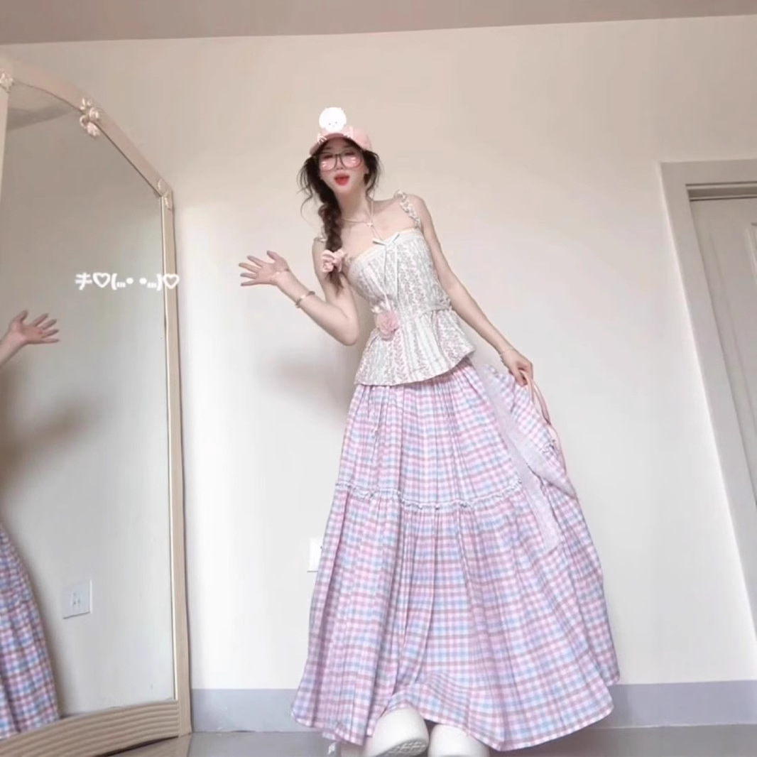 Korean Pink Plaid A-Line Skirt for Women Summer 2025 New Design Waist Slimming Look Long Skirt for Small People
