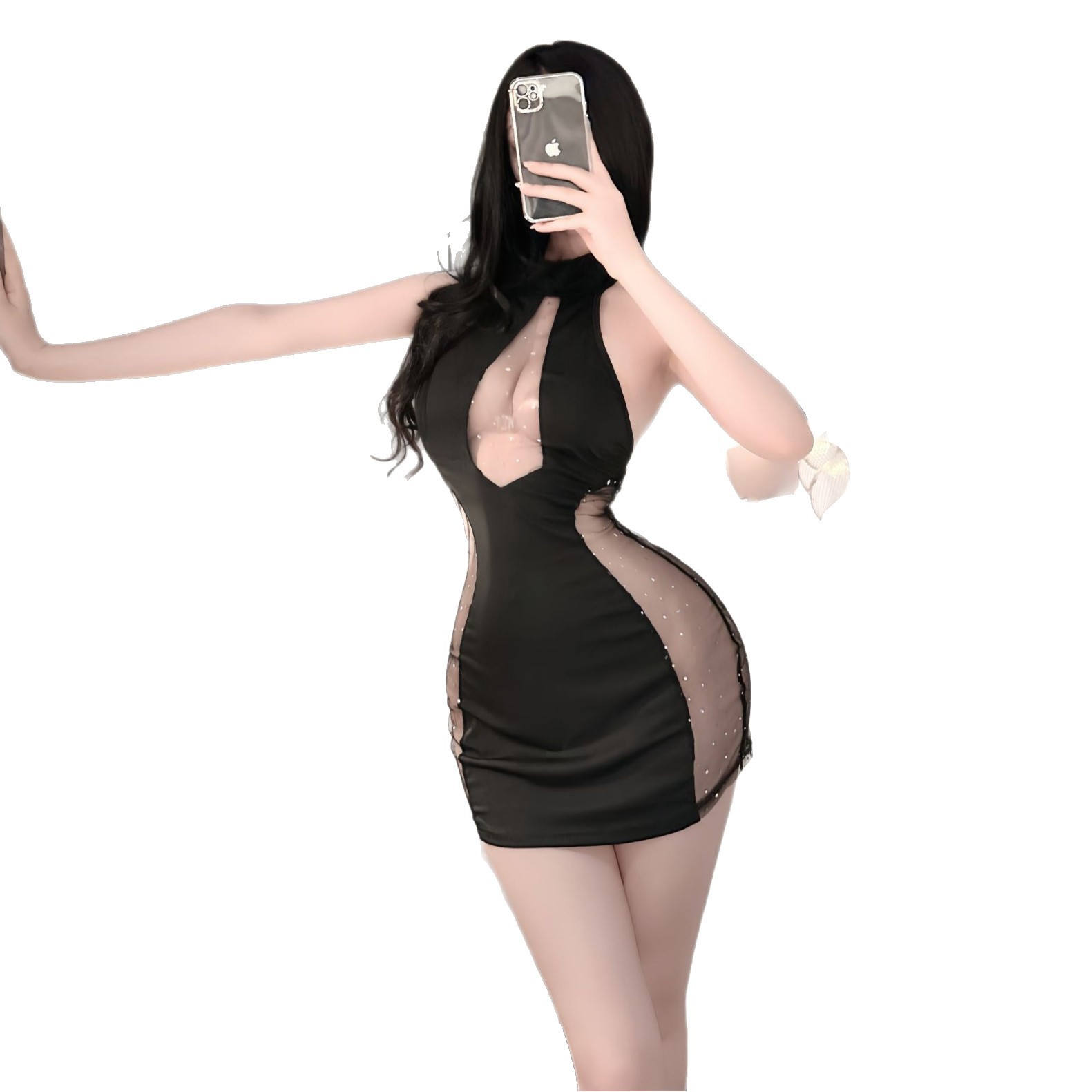 Picture of Sexy Underwear Sexy French Style Retro Neck Collar Mesh Stitching Rhinestone Low-cut Backless dress Women