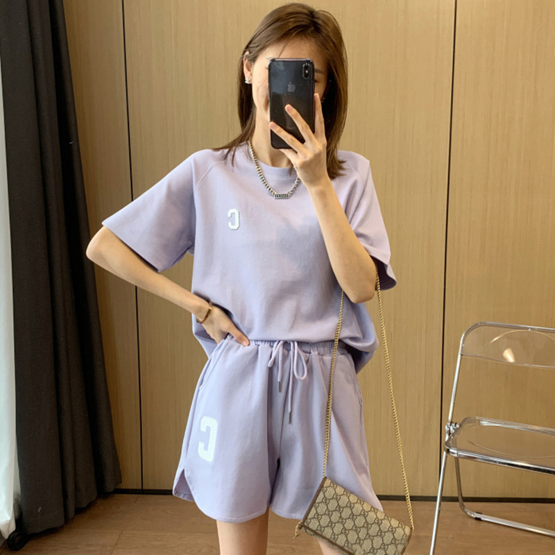 Picture of in stock Amazon Japanese-Korean Sports suit Women's Summer Thin Fish Scale Embroidered Loose plus size Short-sleeved Shorts Two-piece Set