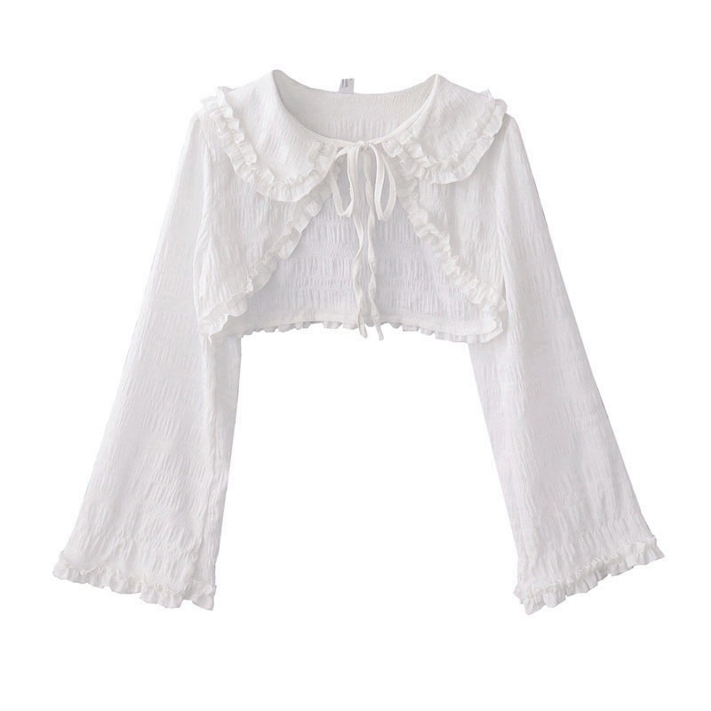 Autumn New Japanese Sweet Girl Cute Doll Collar Stitching Fungus Lace Lace High Waist Short Cardigan Coat Women