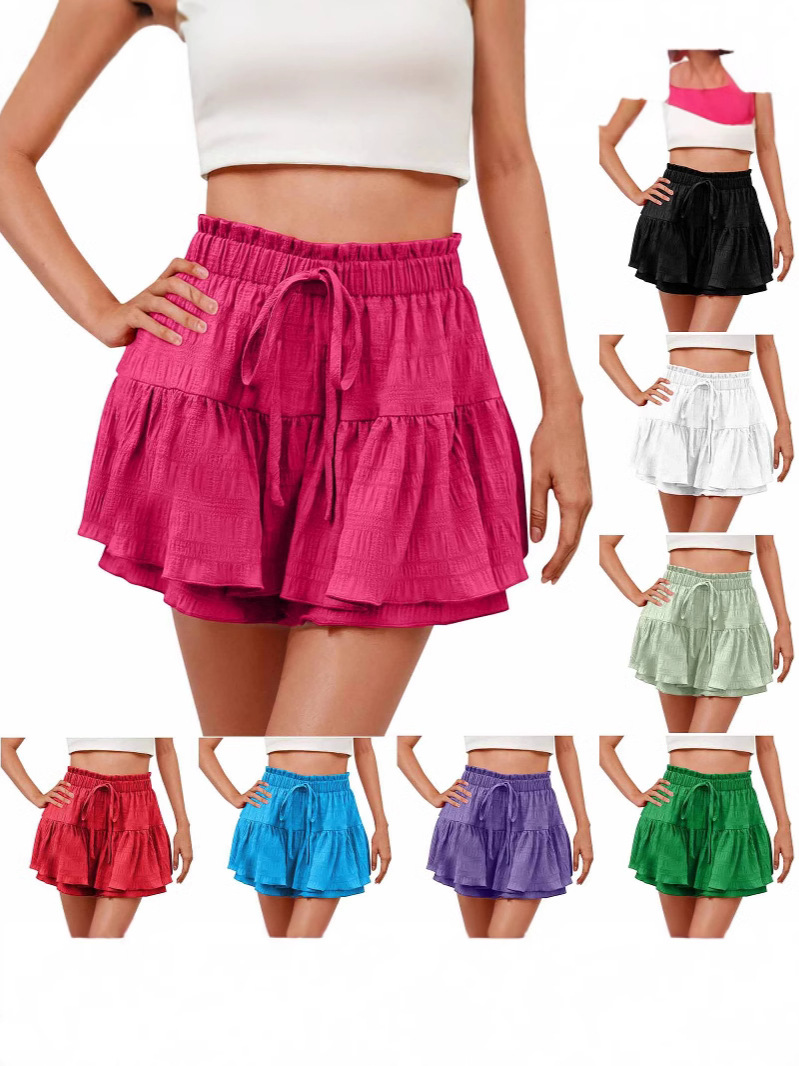 2025 Amazon Cross Border Women Summer Fashion Ruffled Solid Color Drawstring Culottes Shorts