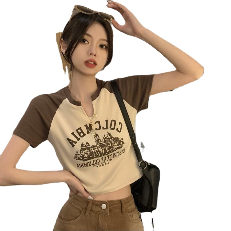 Women's clothing 2023 summer slim hot girls V-neck short sleeve T-shirt female summer sweet American retro short