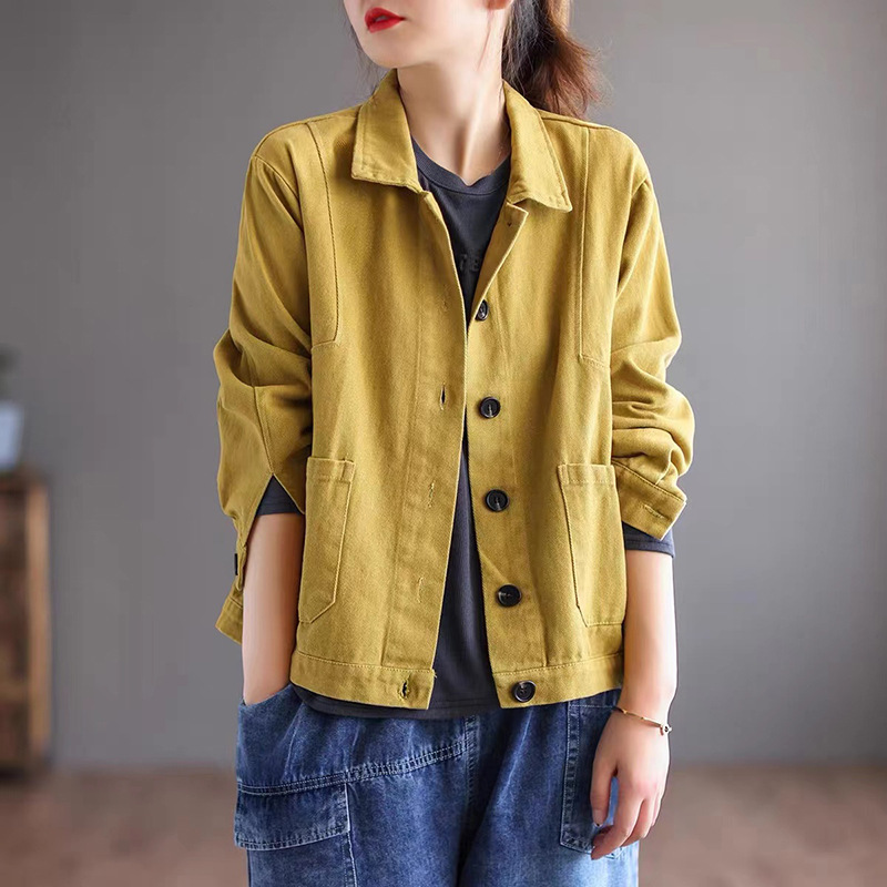 Picture of Spring and Autum New Pure Cotton Long-Sleeved Plus Size Women's Literary Retro Loose Slim Fashionable Lapel Short Jacket