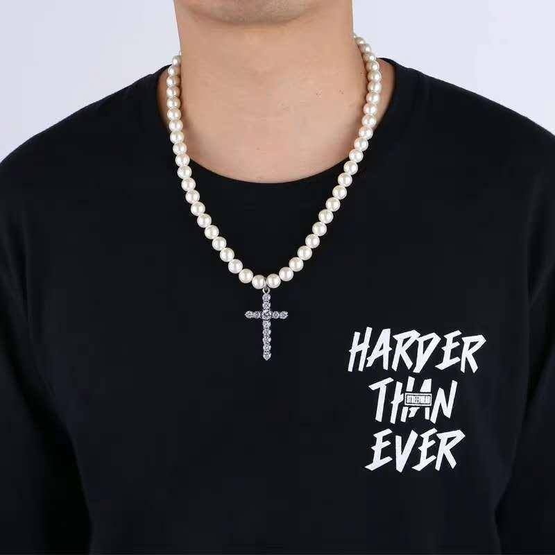 Japanese and Korean ins cold style pearl necklace men and women trendy cool personality diamond cross pendant couple jewelry manufacturer