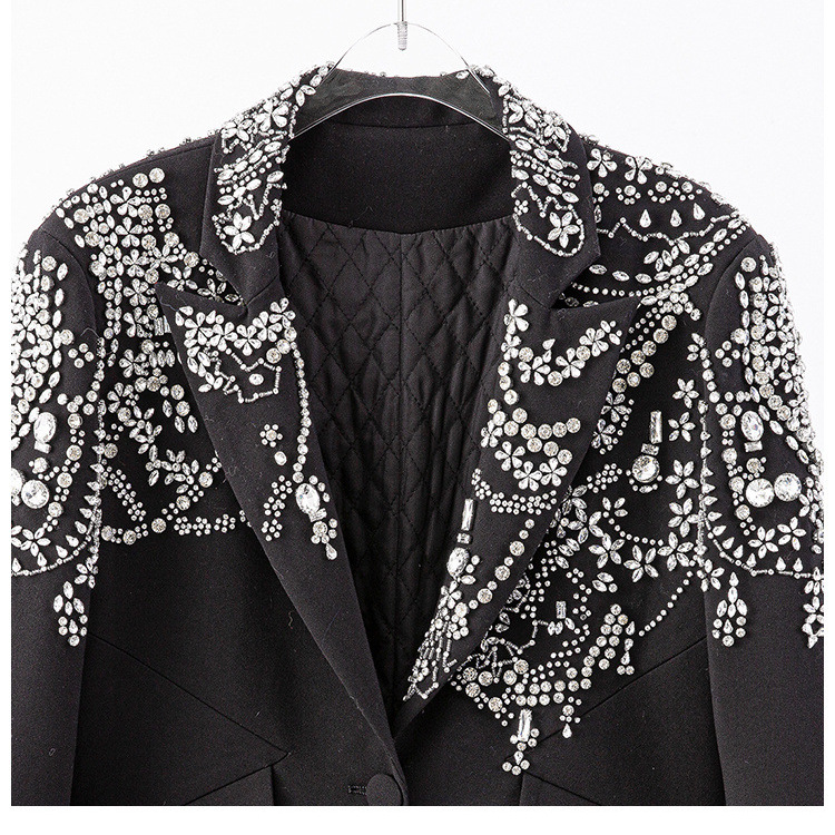 Picture of Spring and Autumn One-Button Long-Sleeved Dress Collar Heavy Industry Diamond Decoration Black Plush Cuff Slim-Fit Slimming Jacket for Women