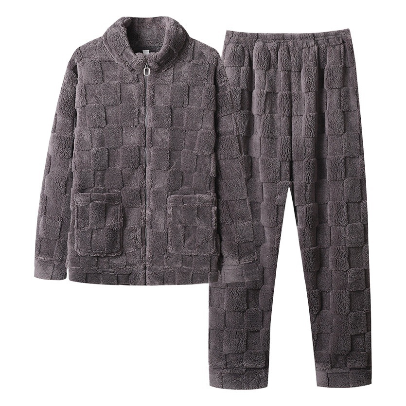 Couple pajamas men's autumn and winter New stand collar zipper thickened long sleeve coral fleece home wear suit