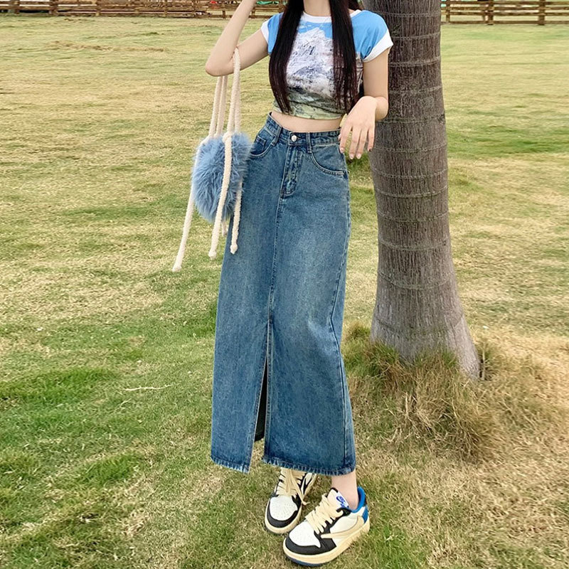Half-length Denim Skirt Women's High Waist Split Design Sense Straight Tube Cyber Popular Niche Retro A- line Casual Hip Mid-length Skirt