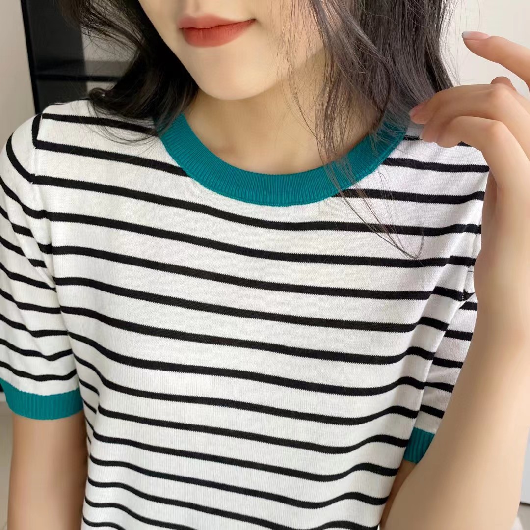 Wholesale retro style striped short sleeve ice silk T-shirt women's summer 2023 New loose casual round neck half sleeve top
