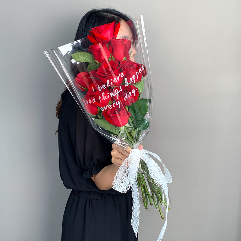 Thickened Flower Packaging Bag, Trapezoidal Transparent English Multi-Flower Bag, Mother's Day Ins-Style Bouquet Bag Packaging Paper