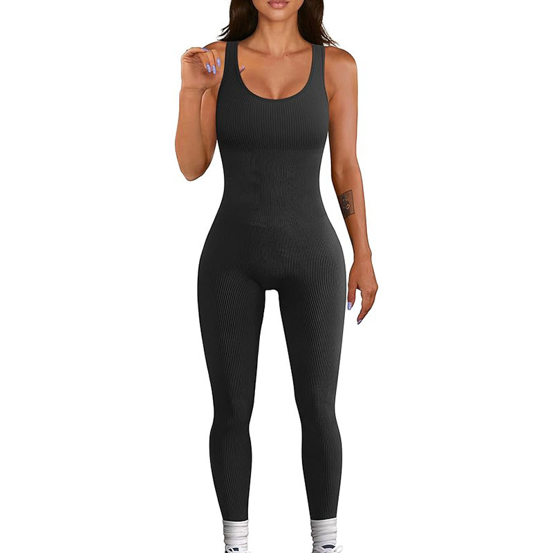 2025 European and American Tight-Fitting Jumpsuit Women's Pure Color Sleeveless Vest Threaded Square Collar Backless Hip Lifting Sports Jumpsuit