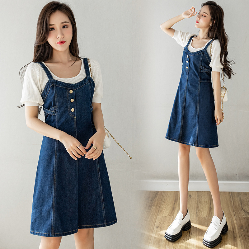 Real Shot Casual All-match Denim Strap Dress Slim dress Women