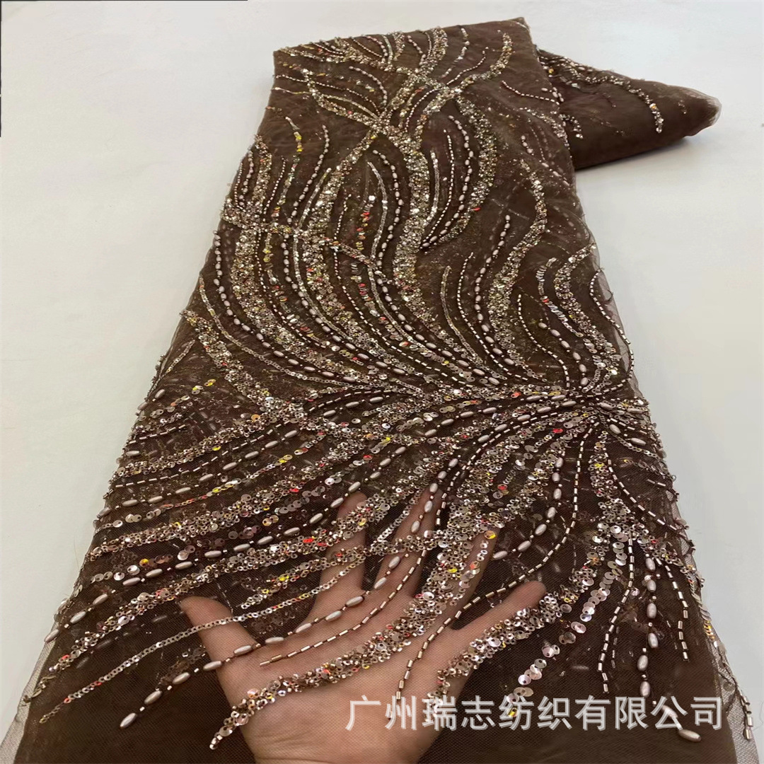 bridal sequins lace fabric positioning big flower embroidery perspective dress evening gauze embroidered fabric
