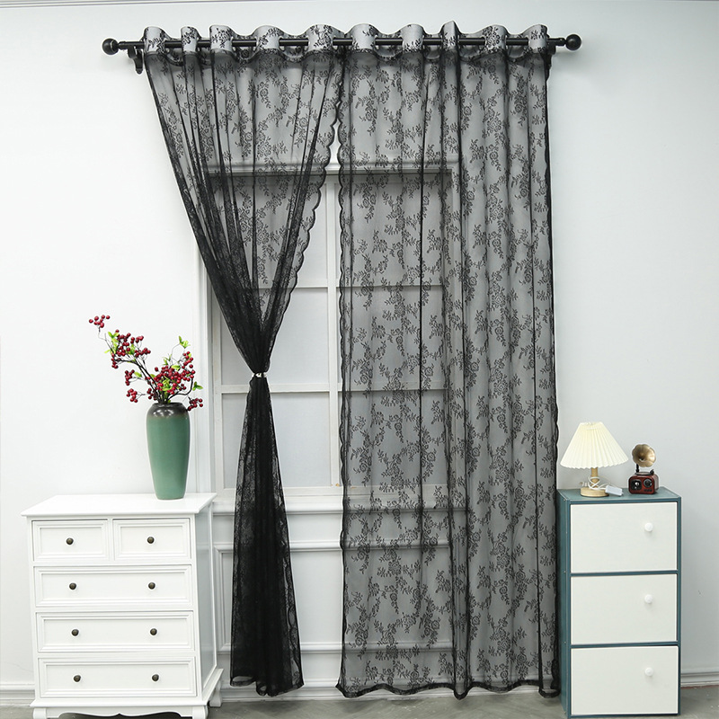 Picture of Retro Light Luxury American Warp Knitted Lace Black Finished Bedroom Balcony Studio Decorative Partition Curtain Bay Window Screen