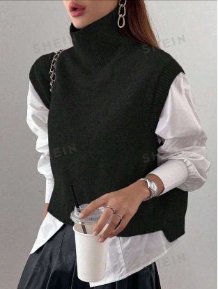 Picture of High-Neck Knitted Vest for Women, Korean Style, Loose Casual Sleeveless Sweater, Outerwear Layering Vest, Wool Blend