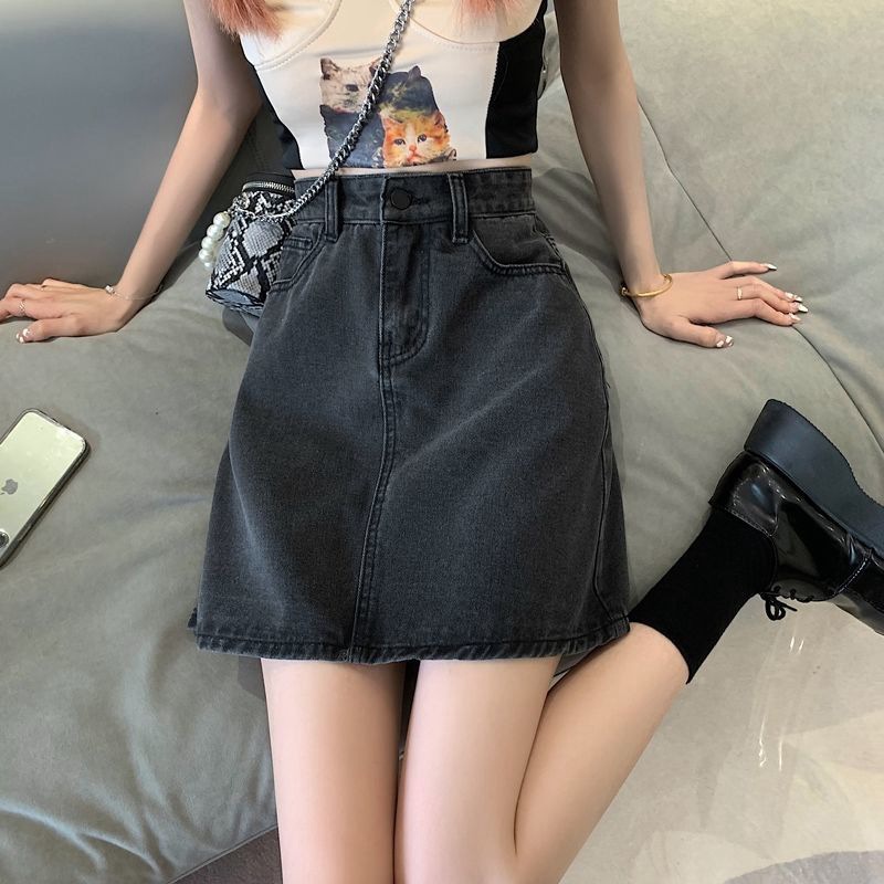 Summer Korean-style ins Black Grey High Waist Small Denim Skirt Women's All-match Slimming Hip A- line Short Skirt Trendy