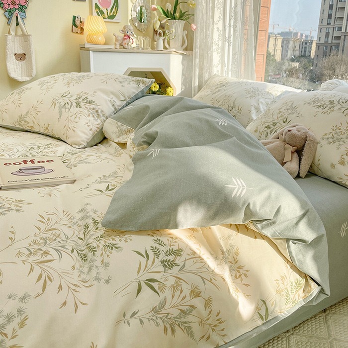 Category a Small Fresh 100% Washed Cotton Four-Piece Set Pure Cotton Brushed Quilt Cover Single Fitted Sheet Student Dormitory Three-Piece Set