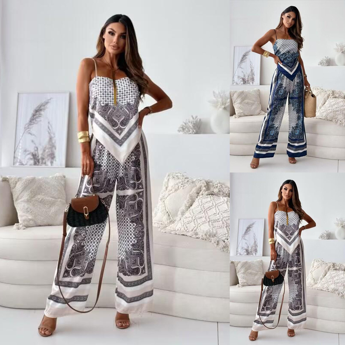 Independent Station Amazon Aliexpress New Fashion Printed Suspender Wrap Pants Set