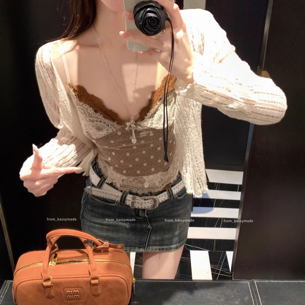 Shimei 2025 Summer Pure Desire Suit Thin Knitted Cardigan Women's Lace Polka Dot Camisole Two-Piece Set