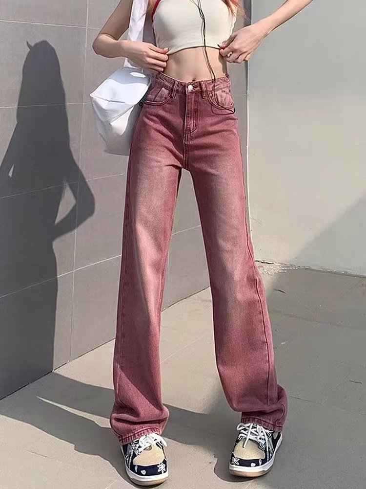 Retro distressed cameo red straight jeans for women 2023 spring new high waist loose slimming wide leg pants