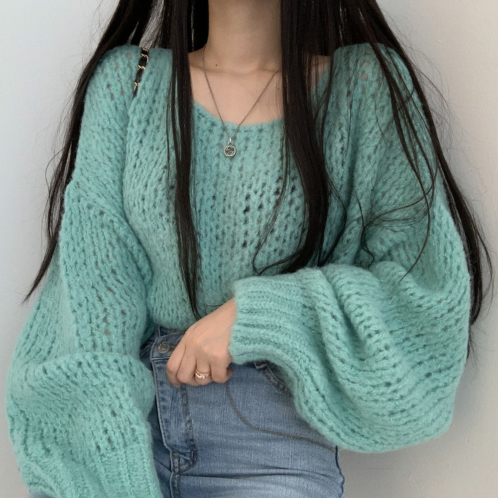Picture of South Korea Chic Autumn All-match Candy Color Skin-looking Pullover Loose Thick Line Lantern Sleeve Knitted Sweater for Women