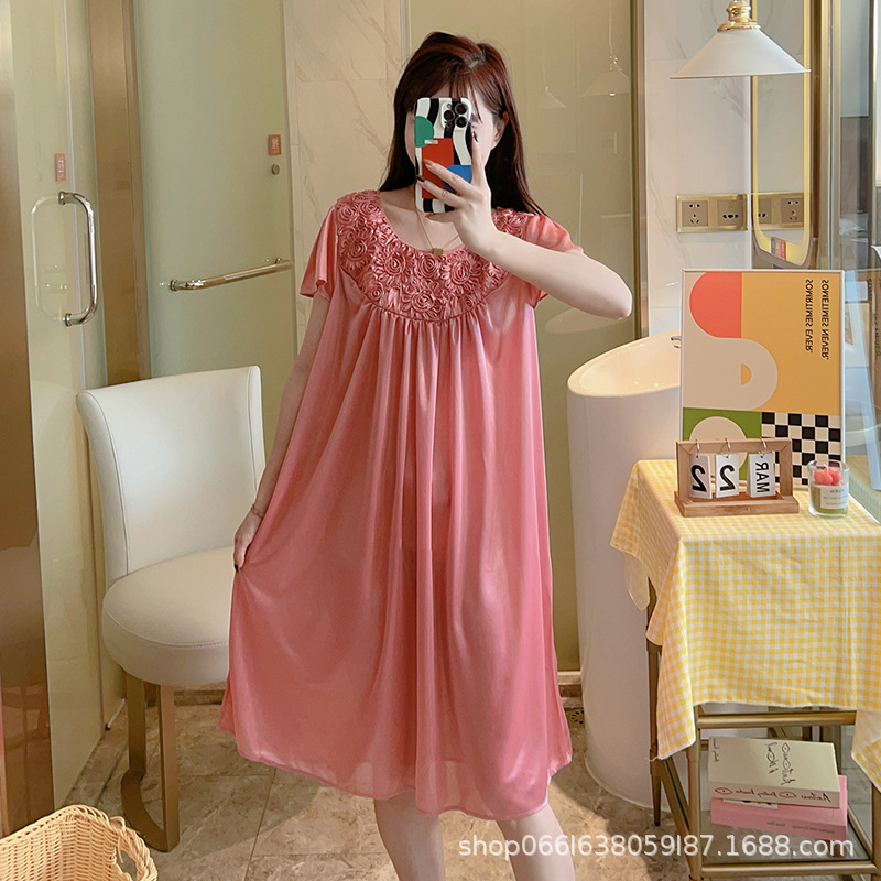 Pajamas Women's Summer Casual Ice Silk Suit Women's Elegant Loose Comfortable Solid Color Lace Home Clothes