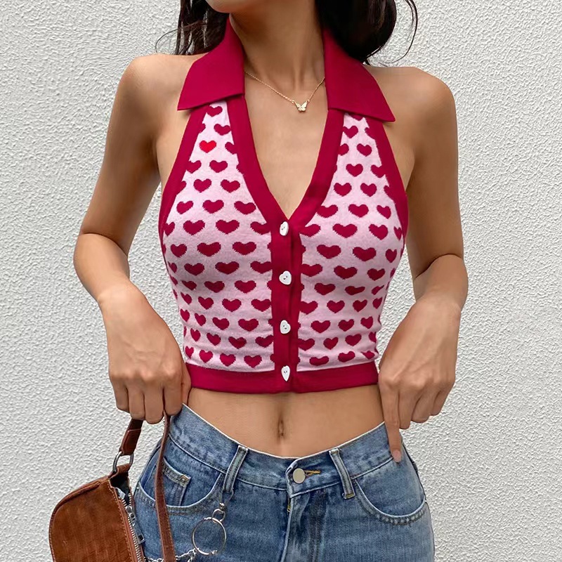 2024 Summer European and American Retro Vacation Style Love Printed Halter Camisole All-match Slim-fit Hot Girl Top