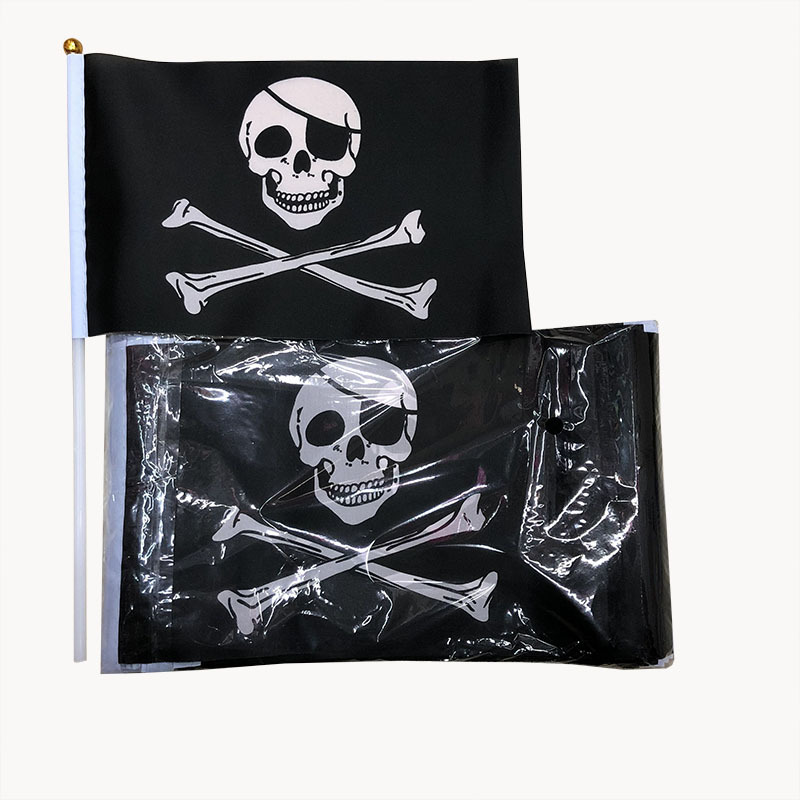 Picture of Cross-Border Supply Wholesale Solid Pole Bone Pirate Flag Halloween Flag 14*21cm Skull Pirate Hand-Waving Flag