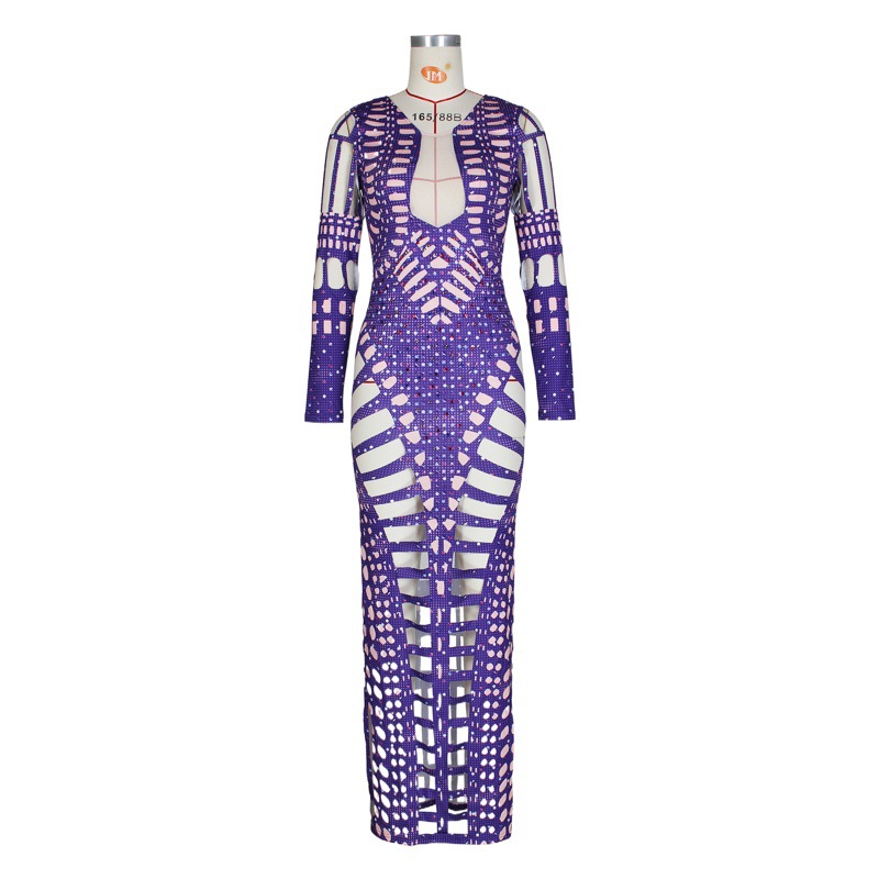 Cross-border Hot European and American Women's Sexy Ripped Tight Hip dress Rhinestone Printed Long Dress