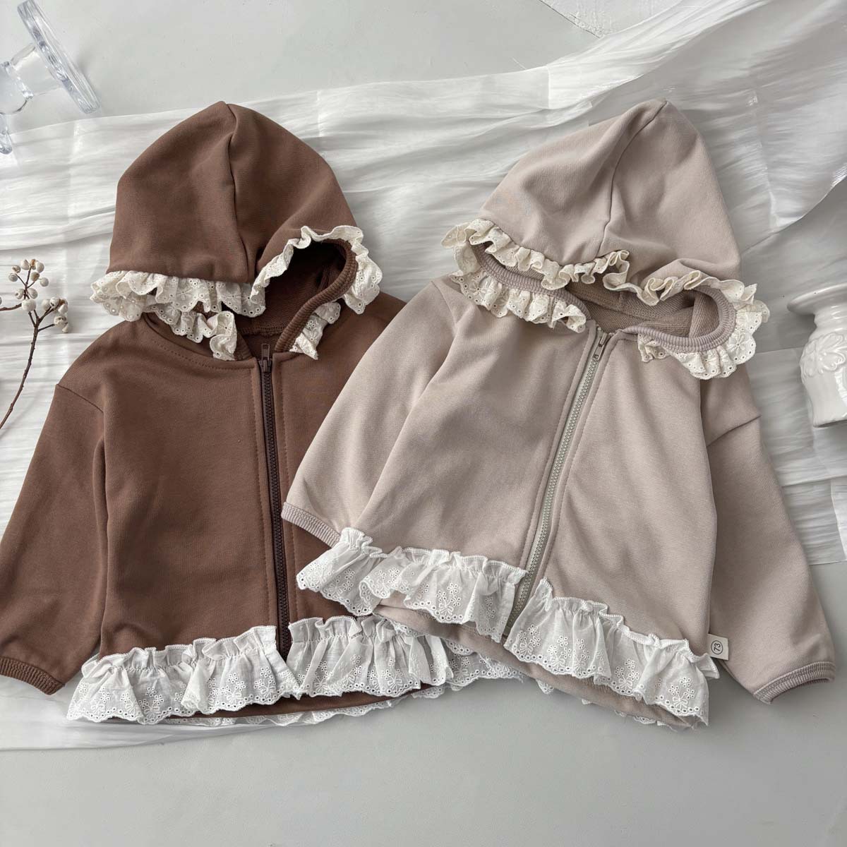 Children's Wear Spring and Autumn New Baby's Western Style Lace Cardigan Jacket Girl's All-match Sweet Hooded Zipper Shirt Top