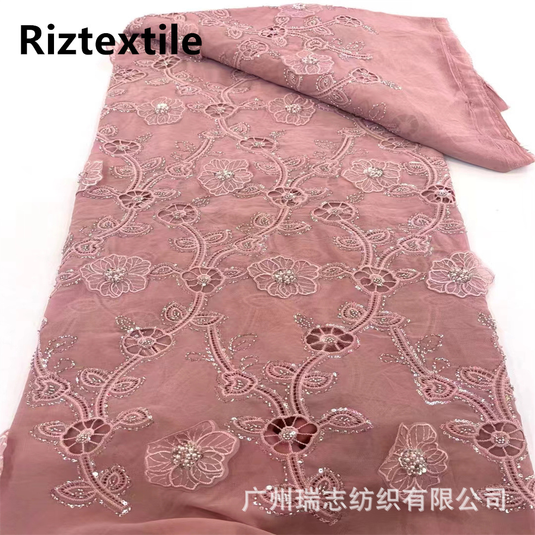 Picture of Wholesale African Cut Out Beaded Lace Fabric Evening Dress Sequin Embroidered Fabric African Sequins Lace