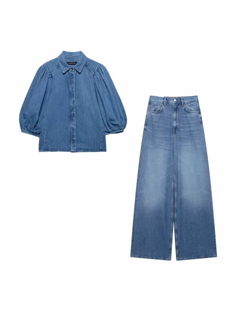 European and American Cross-Border Women's Clothing 2025 Early Spring New European and American Style Fashionable Short-Sleeved Denim Shirt Straight Pants Suit