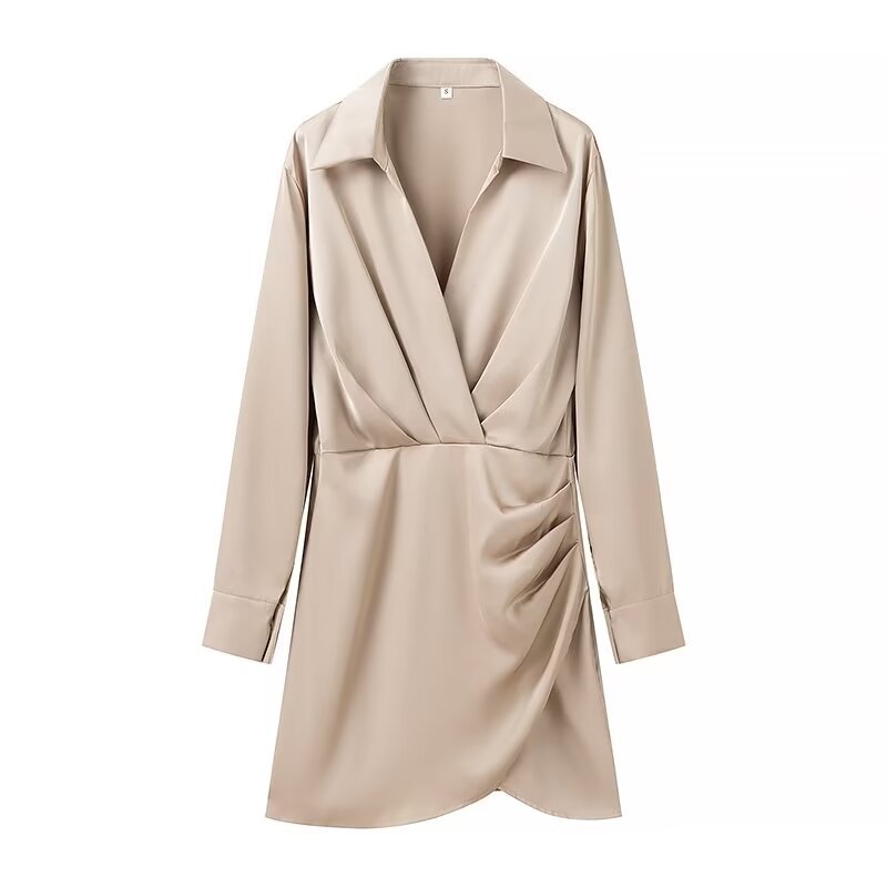 European and American Style Export Women's New 2024 Fashionable Pure Color V Neck Long-Sleeved Slim Asymmetrical Dress