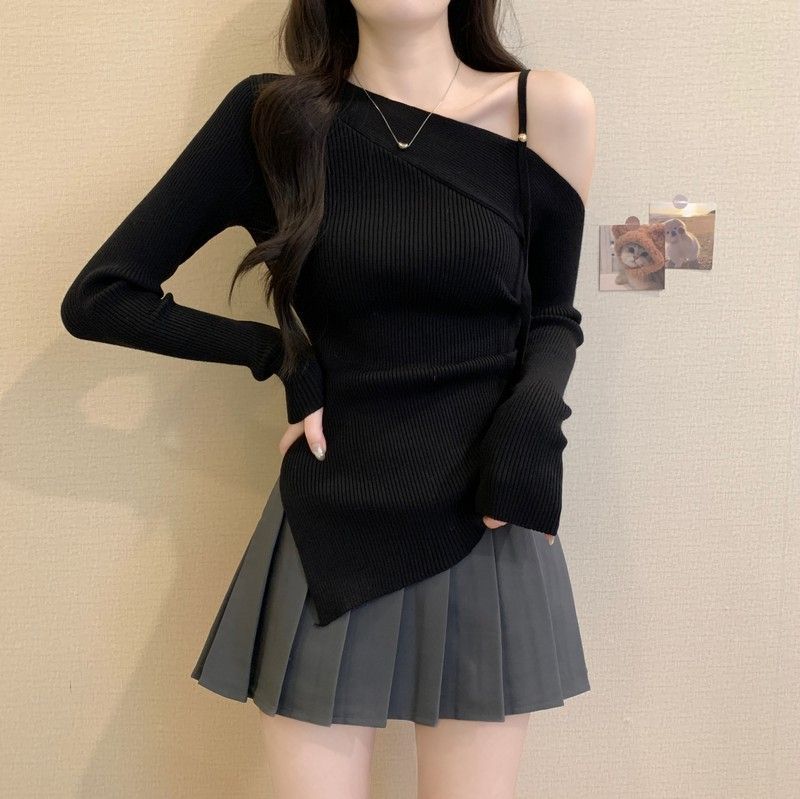 Picture of Bashi red one-line slanted shoulder knitted base jacket women's autumn outfit autumn and winter Angora red boss sweater with top underneath